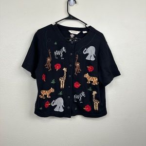 Vtg Bechamel Petite L Embroidered Zoo Animals Safari Short Sleeve Cardigan Black